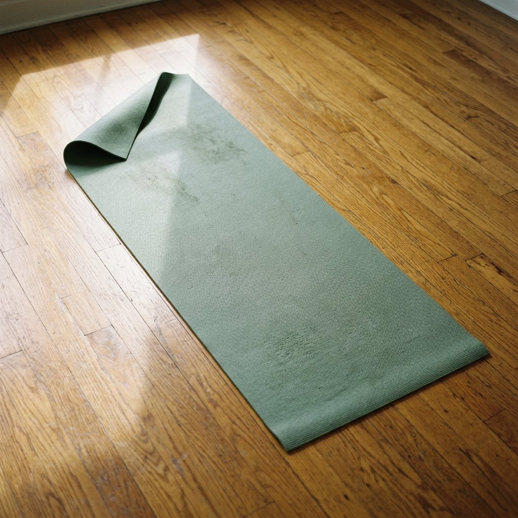 Empty yoga mat on a polished wood floor, soft natural light