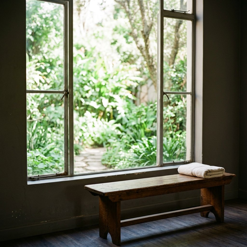 Gym window overlooking a green courtyard, empty bench in foreground